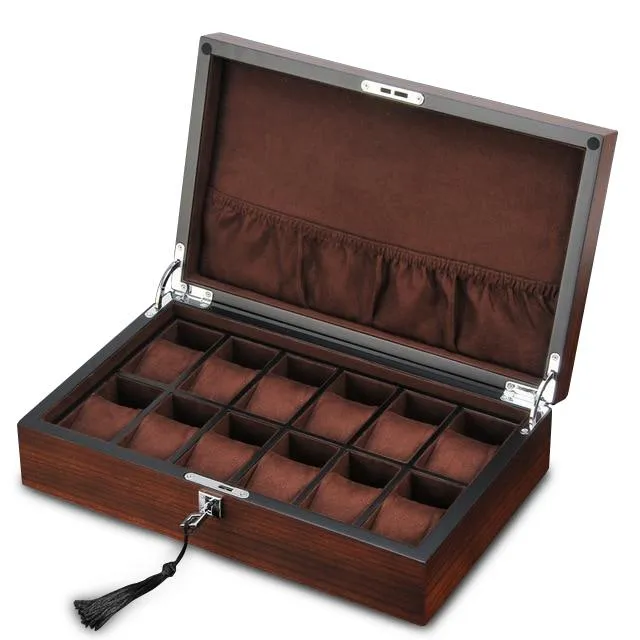 12 Slots Luxury Wooden Watch and Jewelry Organizer With Lock