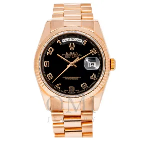 18K ROSE GOLD ROLEX DAY-DATE 118235 36MM WITH BLACK NUMERALS DIAL