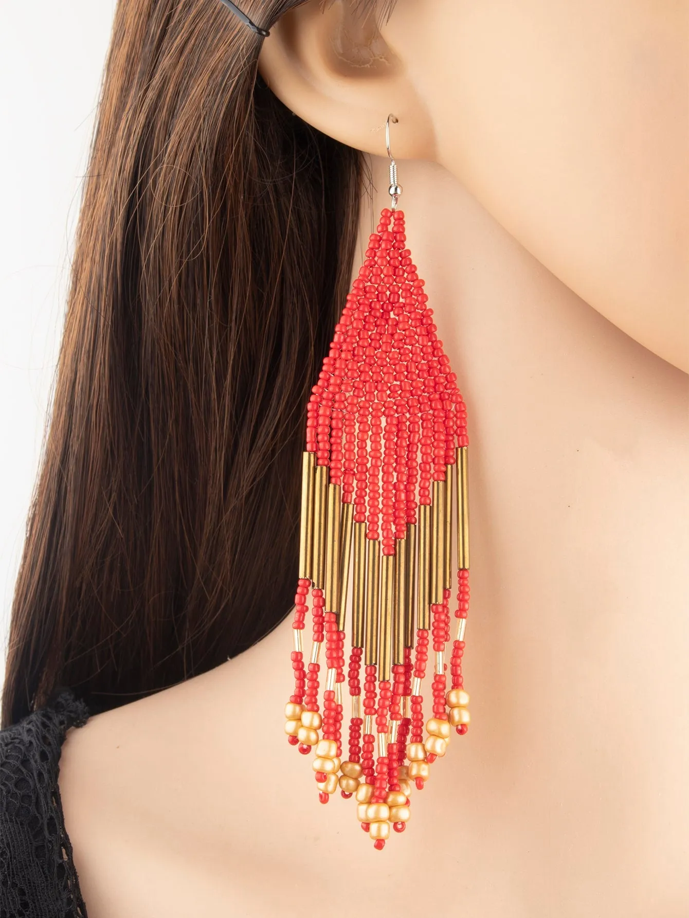 1pair Latest Fashion Bohemia Style Tassel Dangle Earrings With Handmade Steel Tube, Rhombus Bead & Long Fringe, Suitable For Party, Travel, Beach, Valentine's Day Gift