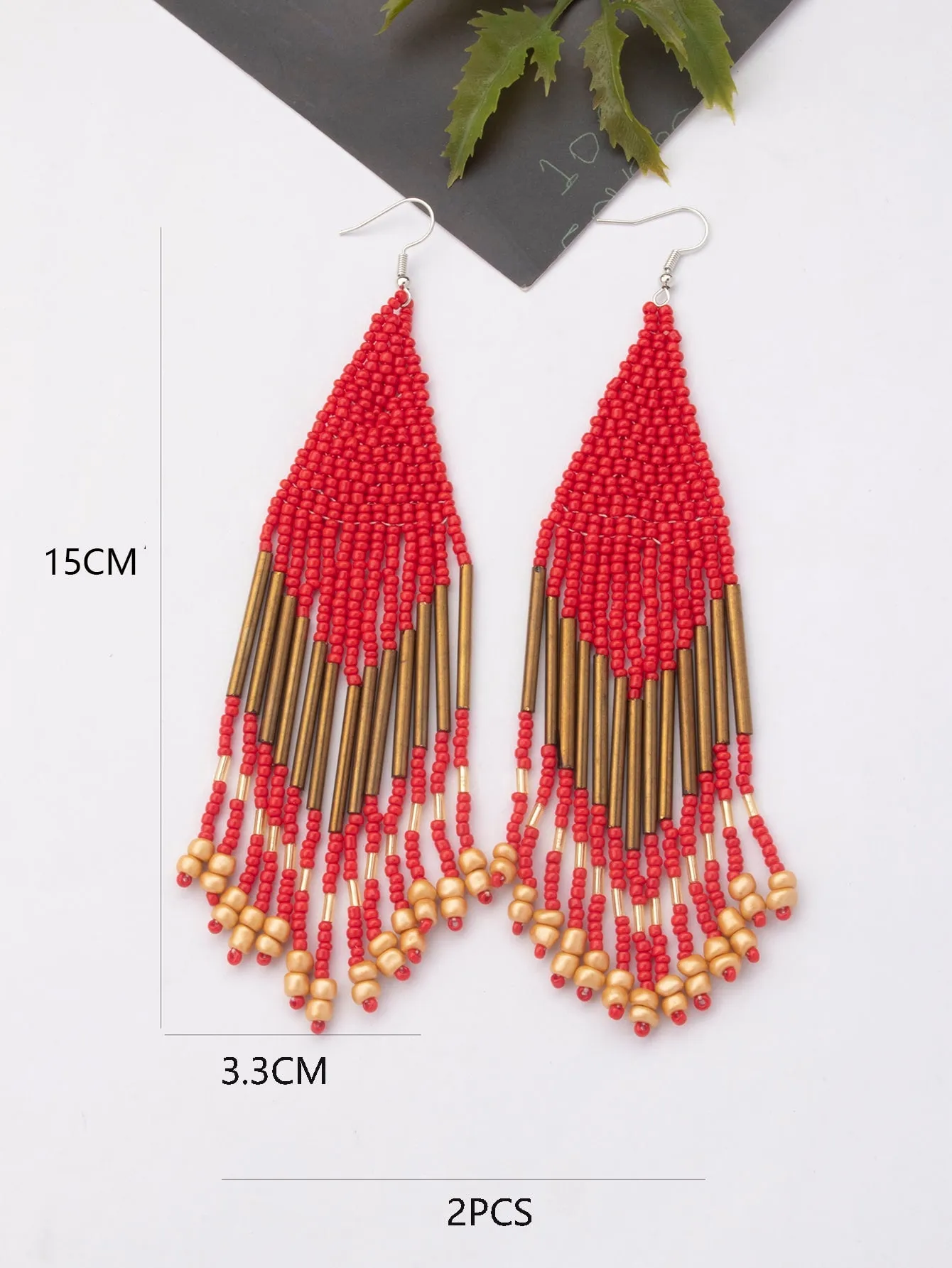 1pair Latest Fashion Bohemia Style Tassel Dangle Earrings With Handmade Steel Tube, Rhombus Bead & Long Fringe, Suitable For Party, Travel, Beach, Valentine's Day Gift