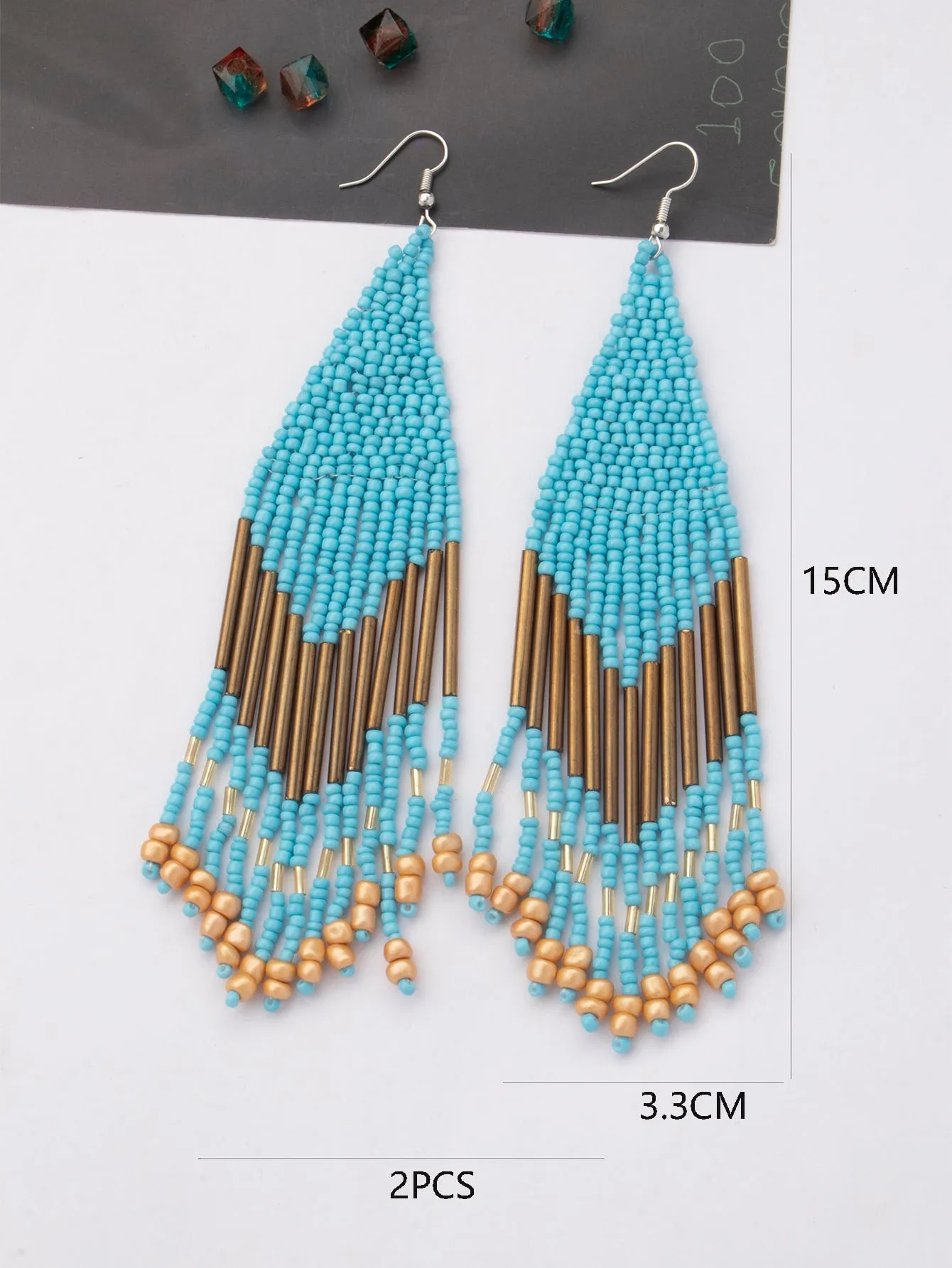 1pair Latest Fashion Bohemia Style Tassel Dangle Earrings With Handmade Steel Tube, Rhombus Bead & Long Fringe, Suitable For Party, Travel, Beach, Valentine's Day Gift