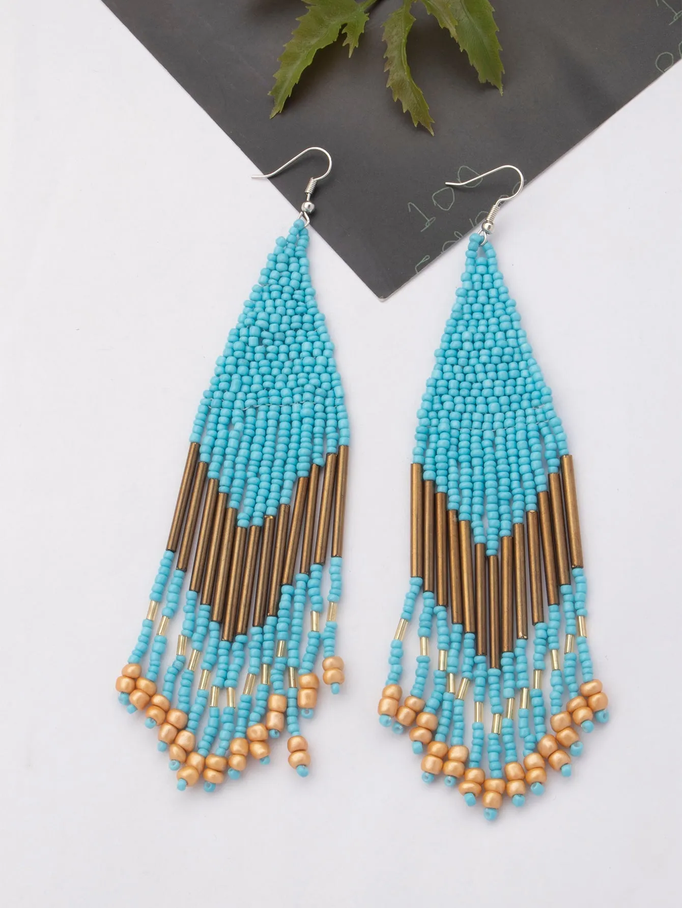 1pair Latest Fashion Bohemia Style Tassel Dangle Earrings With Handmade Steel Tube, Rhombus Bead & Long Fringe, Suitable For Party, Travel, Beach, Valentine's Day Gift