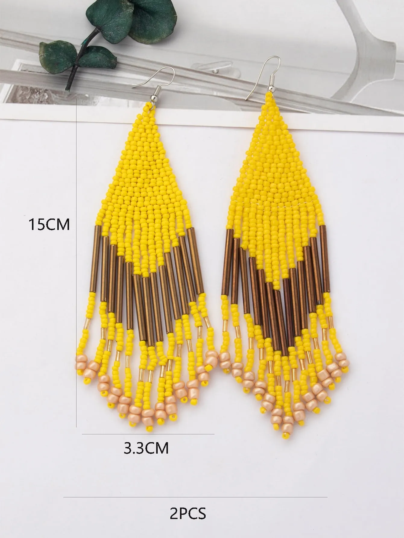 1pair Latest Fashion Bohemia Style Tassel Dangle Earrings With Handmade Steel Tube, Rhombus Bead & Long Fringe, Suitable For Party, Travel, Beach, Valentine's Day Gift