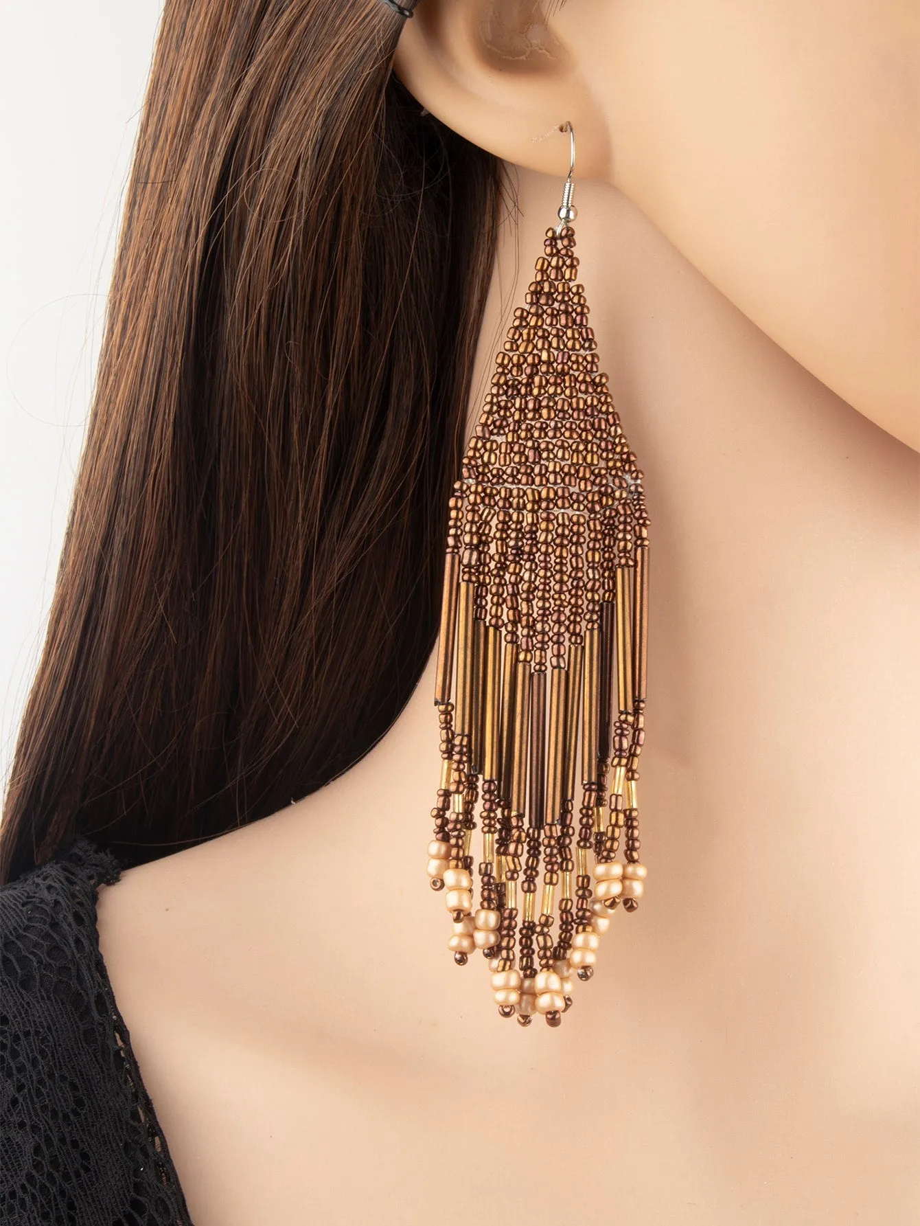 1pair Latest Fashion Bohemia Style Tassel Dangle Earrings With Handmade Steel Tube, Rhombus Bead & Long Fringe, Suitable For Party, Travel, Beach, Valentine's Day Gift