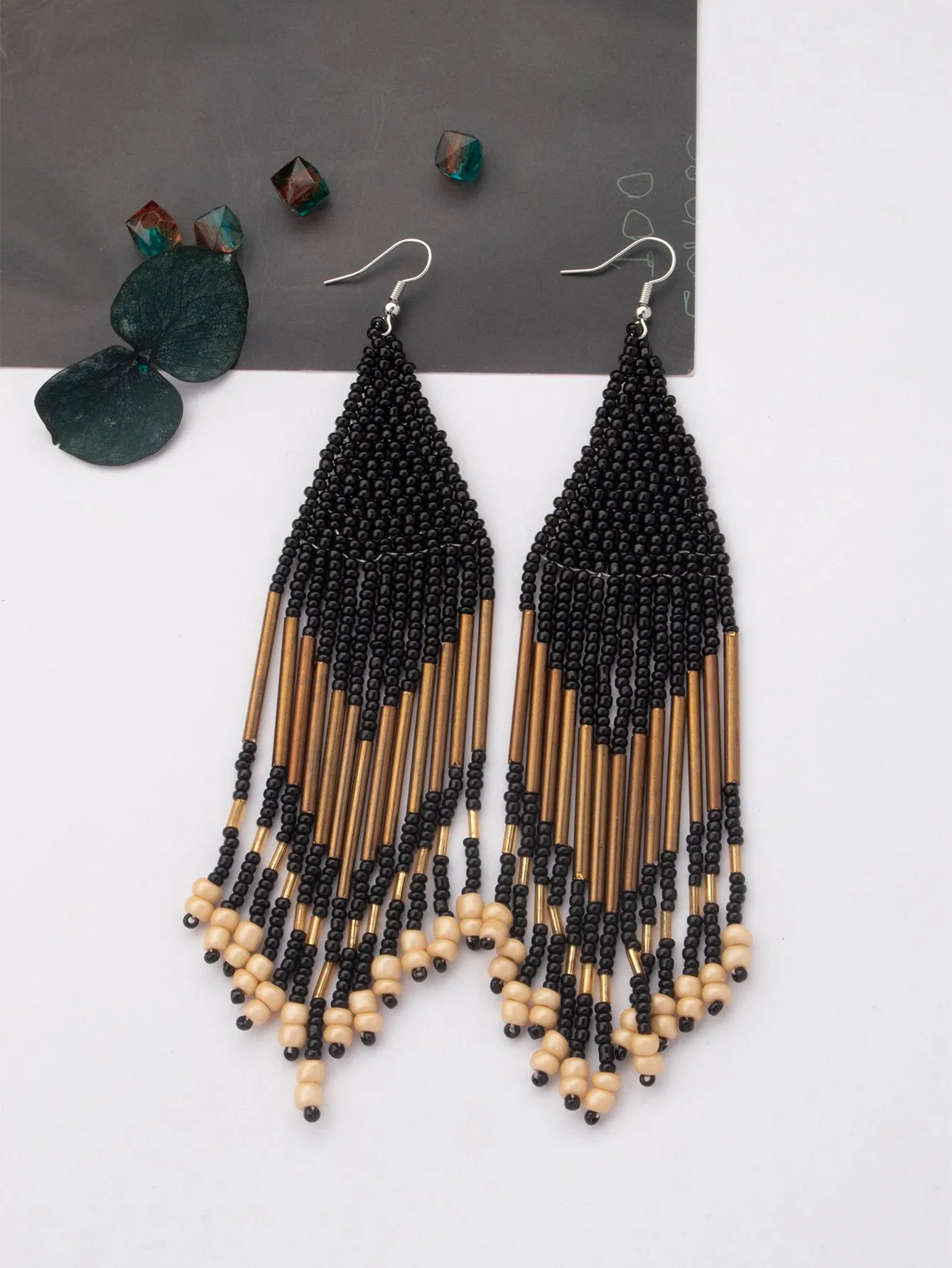 1pair Latest Fashion Bohemia Style Tassel Dangle Earrings With Handmade Steel Tube, Rhombus Bead & Long Fringe, Suitable For Party, Travel, Beach, Valentine's Day Gift