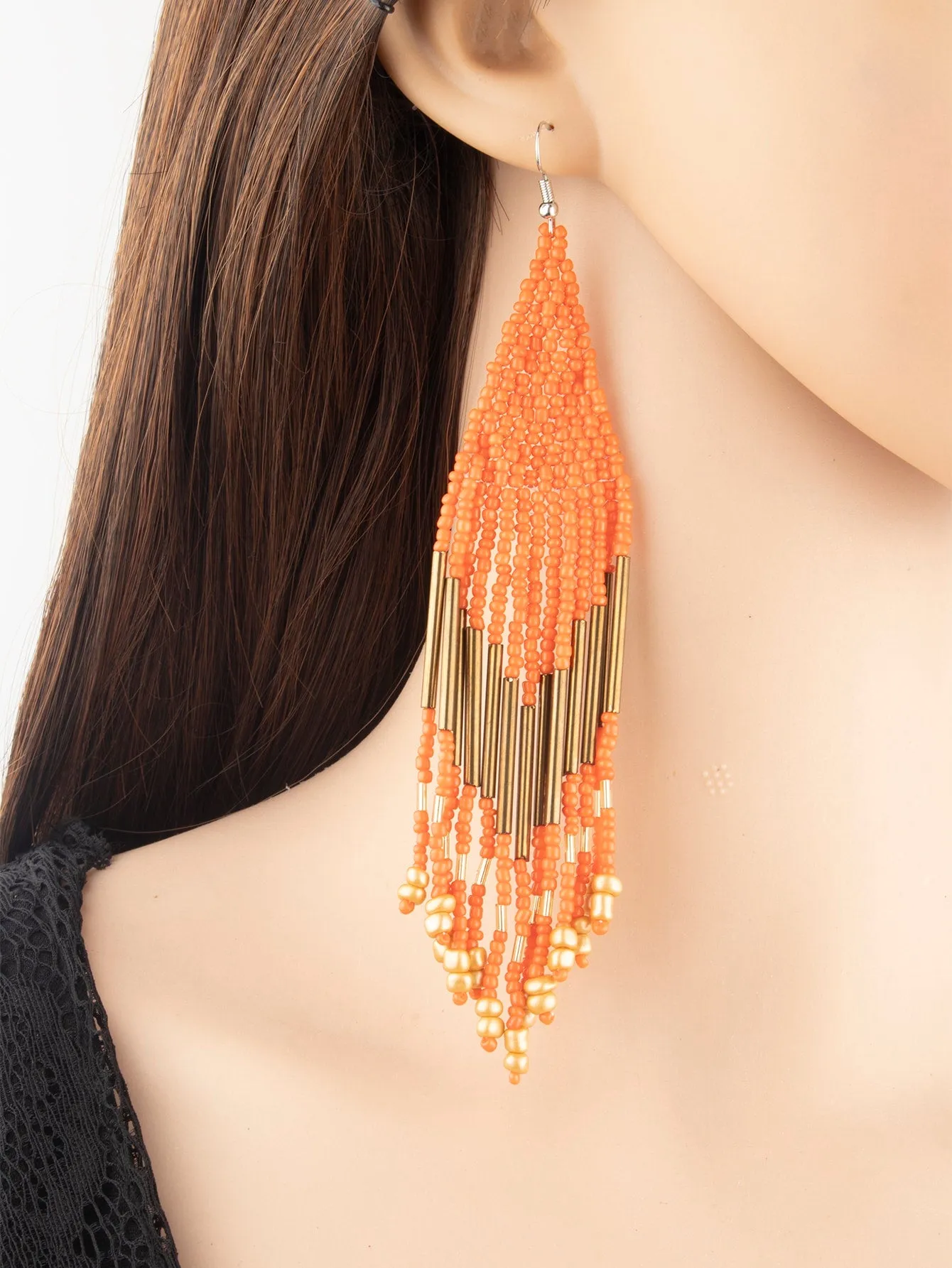 1pair Latest Fashion Bohemia Style Tassel Dangle Earrings With Handmade Steel Tube, Rhombus Bead & Long Fringe, Suitable For Party, Travel, Beach, Valentine's Day Gift