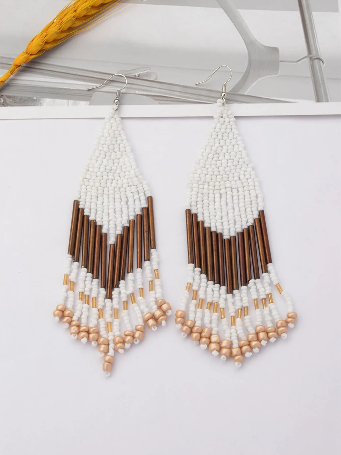 1pair Latest Fashion Bohemia Style Tassel Dangle Earrings With Handmade Steel Tube, Rhombus Bead & Long Fringe, Suitable For Party, Travel, Beach, Valentine's Day Gift