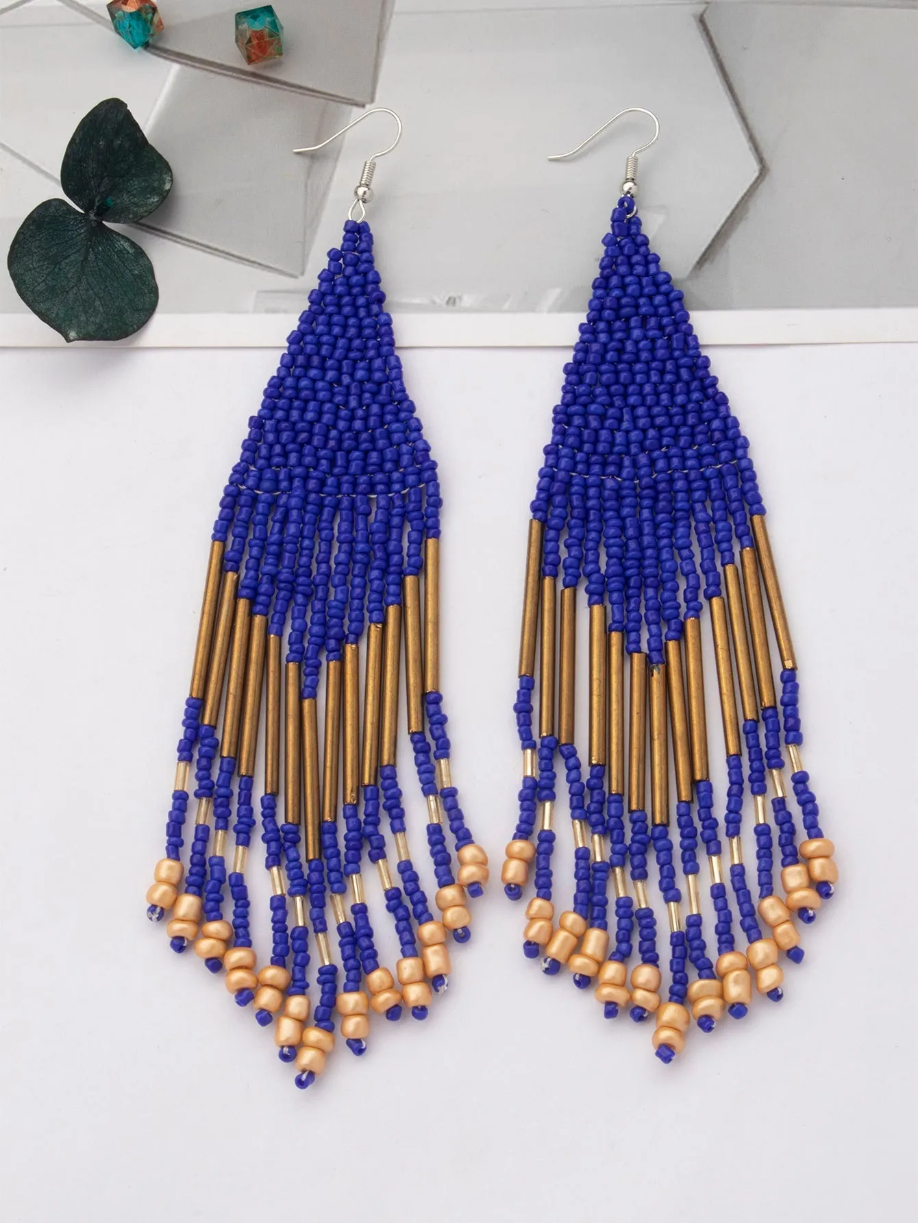 1pair Latest Fashion Bohemia Style Tassel Dangle Earrings With Handmade Steel Tube, Rhombus Bead & Long Fringe, Suitable For Party, Travel, Beach, Valentine's Day Gift