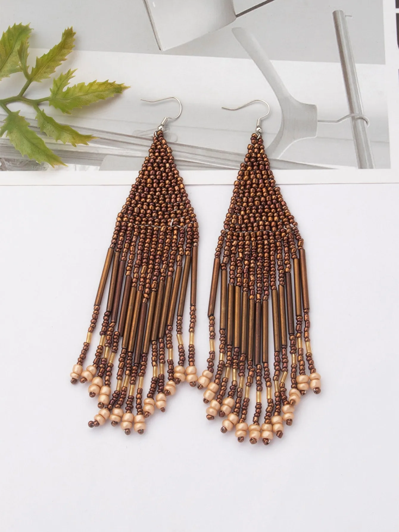 1pair Latest Fashion Bohemia Style Tassel Dangle Earrings With Handmade Steel Tube, Rhombus Bead & Long Fringe, Suitable For Party, Travel, Beach, Valentine's Day Gift