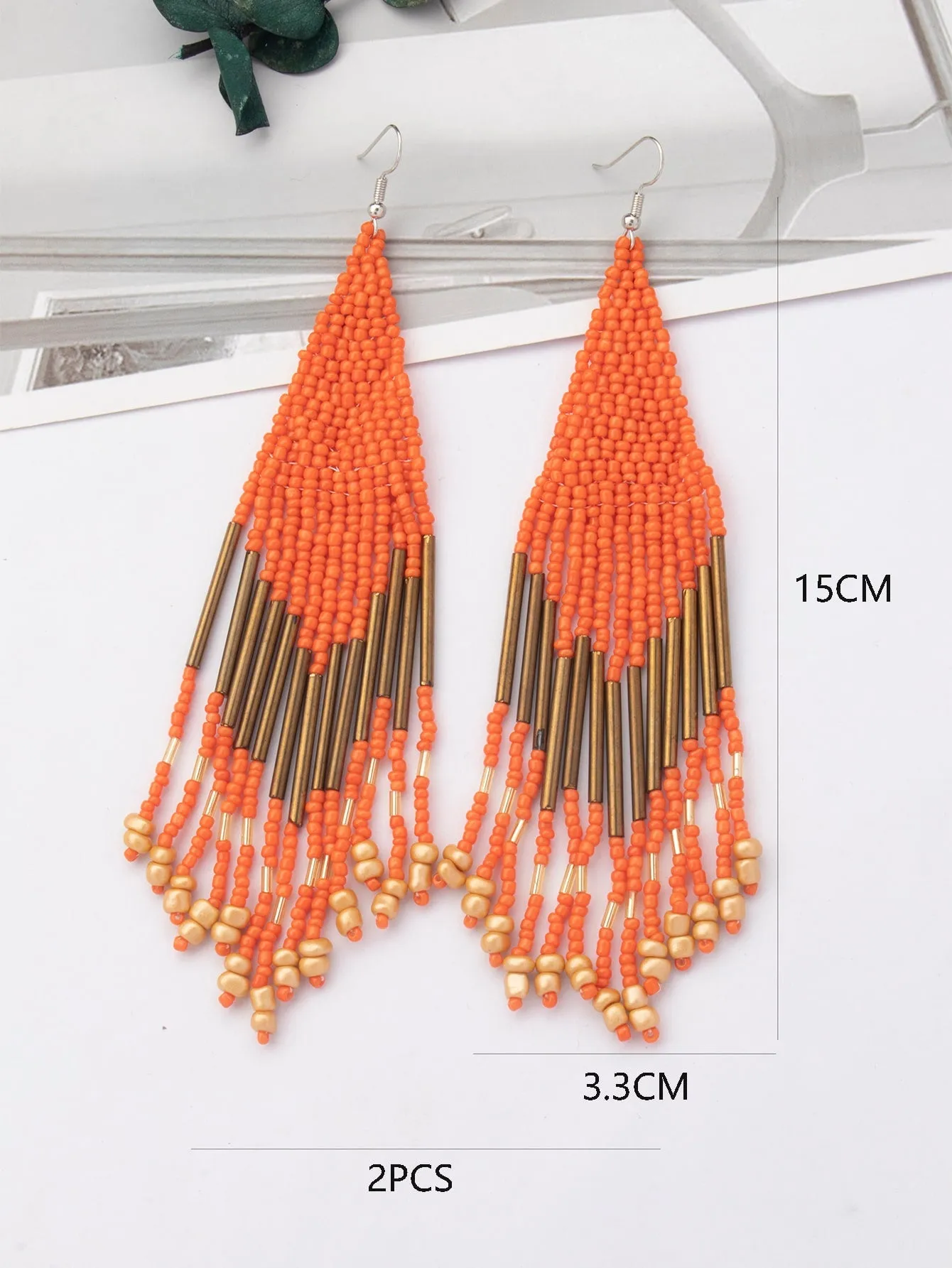 1pair Latest Fashion Bohemia Style Tassel Dangle Earrings With Handmade Steel Tube, Rhombus Bead & Long Fringe, Suitable For Party, Travel, Beach, Valentine's Day Gift