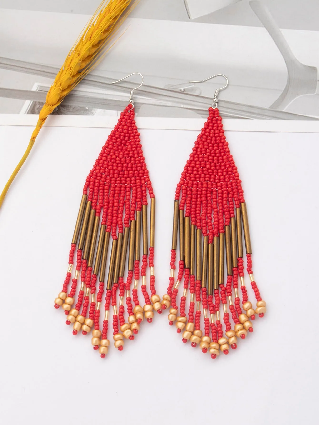 1pair Latest Fashion Bohemia Style Tassel Dangle Earrings With Handmade Steel Tube, Rhombus Bead & Long Fringe, Suitable For Party, Travel, Beach, Valentine's Day Gift