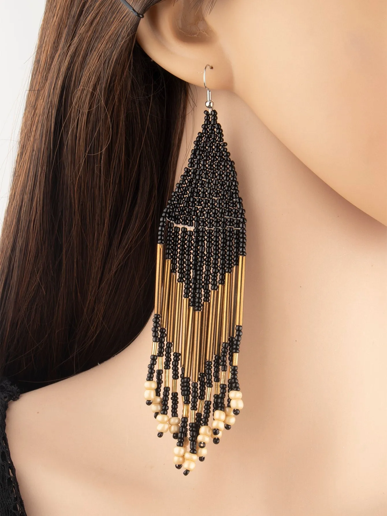 1pair Latest Fashion Bohemia Style Tassel Dangle Earrings With Handmade Steel Tube, Rhombus Bead & Long Fringe, Suitable For Party, Travel, Beach, Valentine's Day Gift