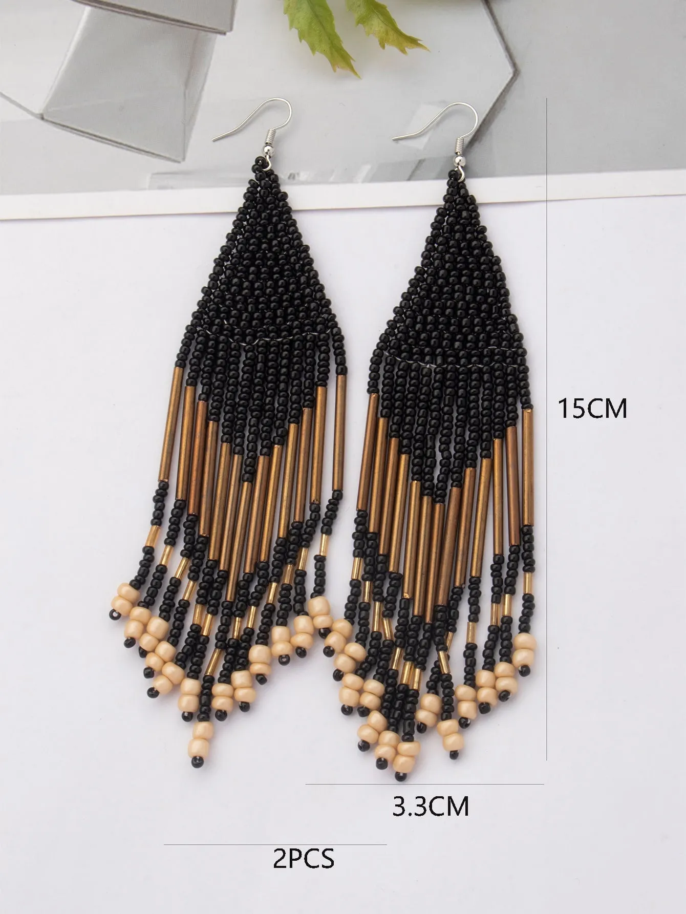 1pair Latest Fashion Bohemia Style Tassel Dangle Earrings With Handmade Steel Tube, Rhombus Bead & Long Fringe, Suitable For Party, Travel, Beach, Valentine's Day Gift