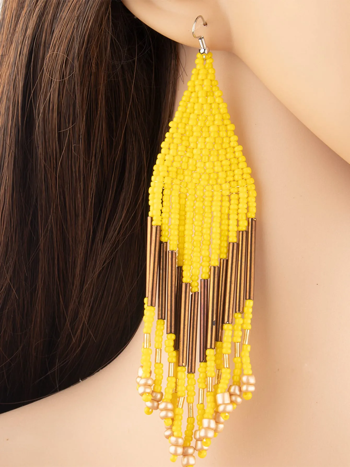 1pair Latest Fashion Bohemia Style Tassel Dangle Earrings With Handmade Steel Tube, Rhombus Bead & Long Fringe, Suitable For Party, Travel, Beach, Valentine's Day Gift