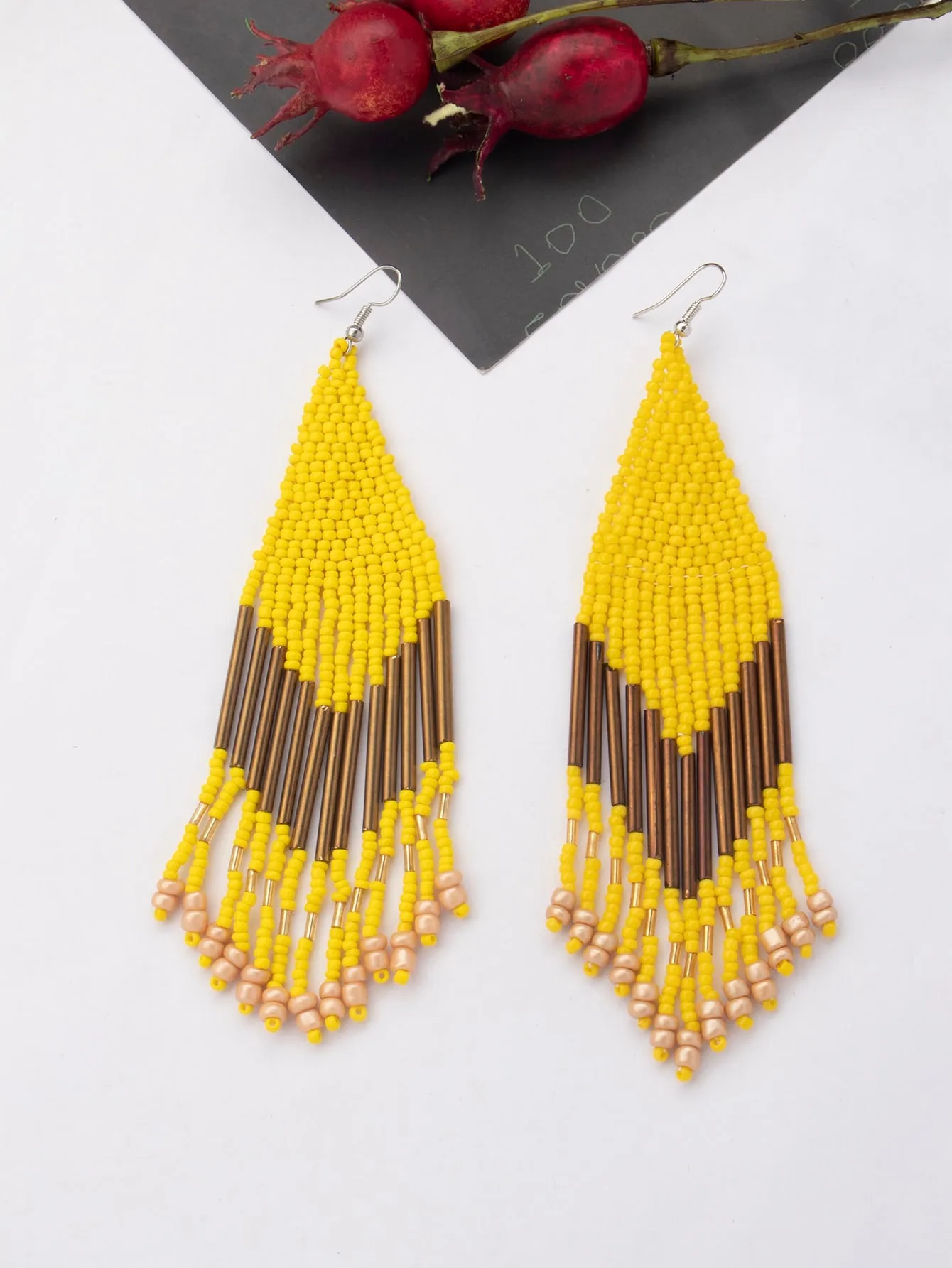 1pair Latest Fashion Bohemia Style Tassel Dangle Earrings With Handmade Steel Tube, Rhombus Bead & Long Fringe, Suitable For Party, Travel, Beach, Valentine's Day Gift