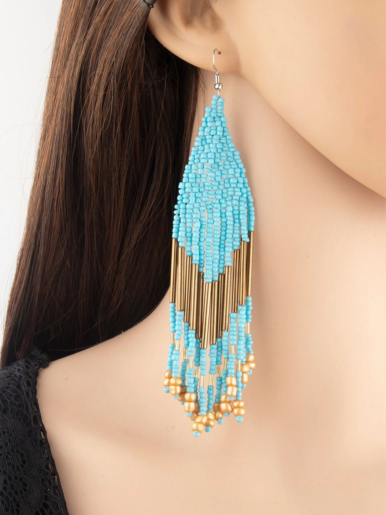 1pair Latest Fashion Bohemia Style Tassel Dangle Earrings With Handmade Steel Tube, Rhombus Bead & Long Fringe, Suitable For Party, Travel, Beach, Valentine's Day Gift