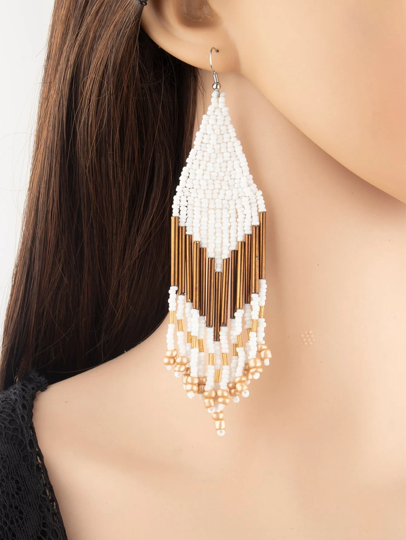 1pair Latest Fashion Bohemia Style Tassel Dangle Earrings With Handmade Steel Tube, Rhombus Bead & Long Fringe, Suitable For Party, Travel, Beach, Valentine's Day Gift