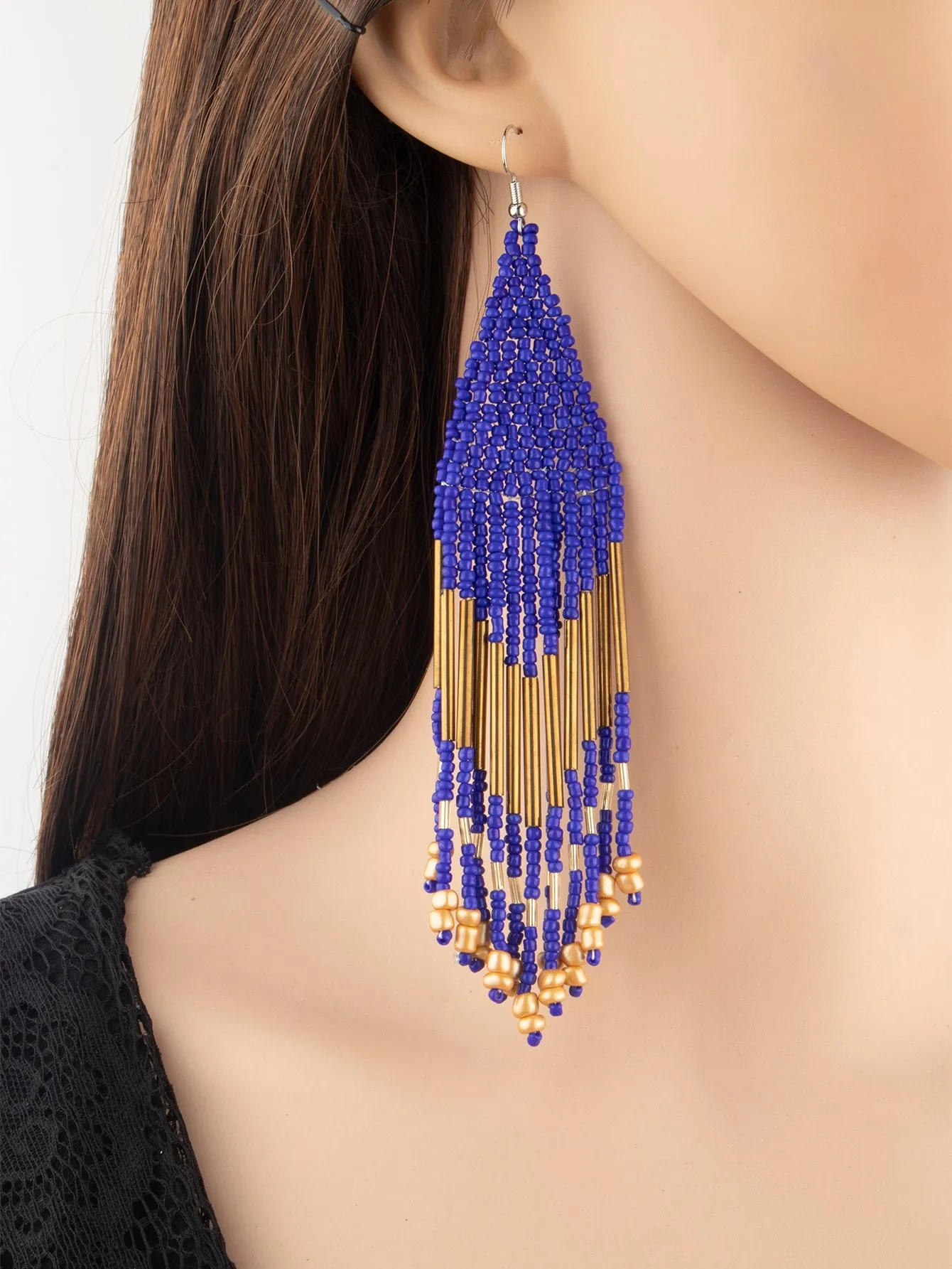 1pair Latest Fashion Bohemia Style Tassel Dangle Earrings With Handmade Steel Tube, Rhombus Bead & Long Fringe, Suitable For Party, Travel, Beach, Valentine's Day Gift