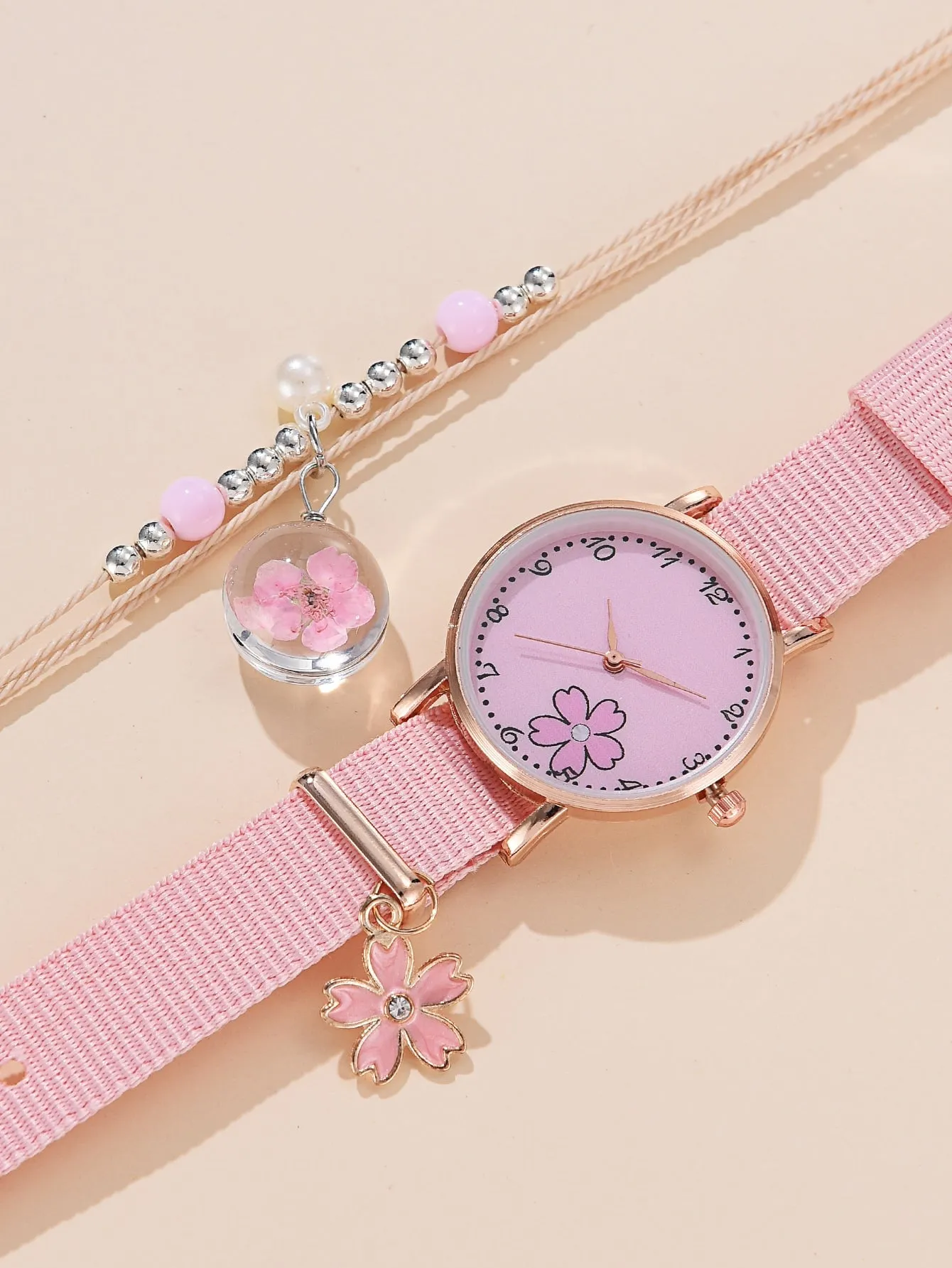 1pc Kids Canvas Strap Quartz Watch & 1pc Bracelet