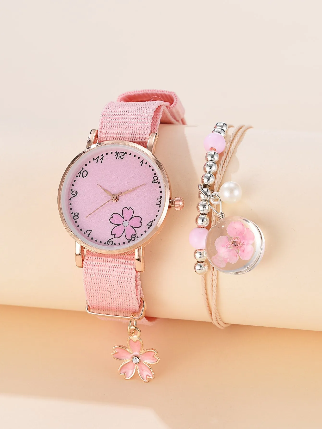 1pc Kids Canvas Strap Quartz Watch & 1pc Bracelet