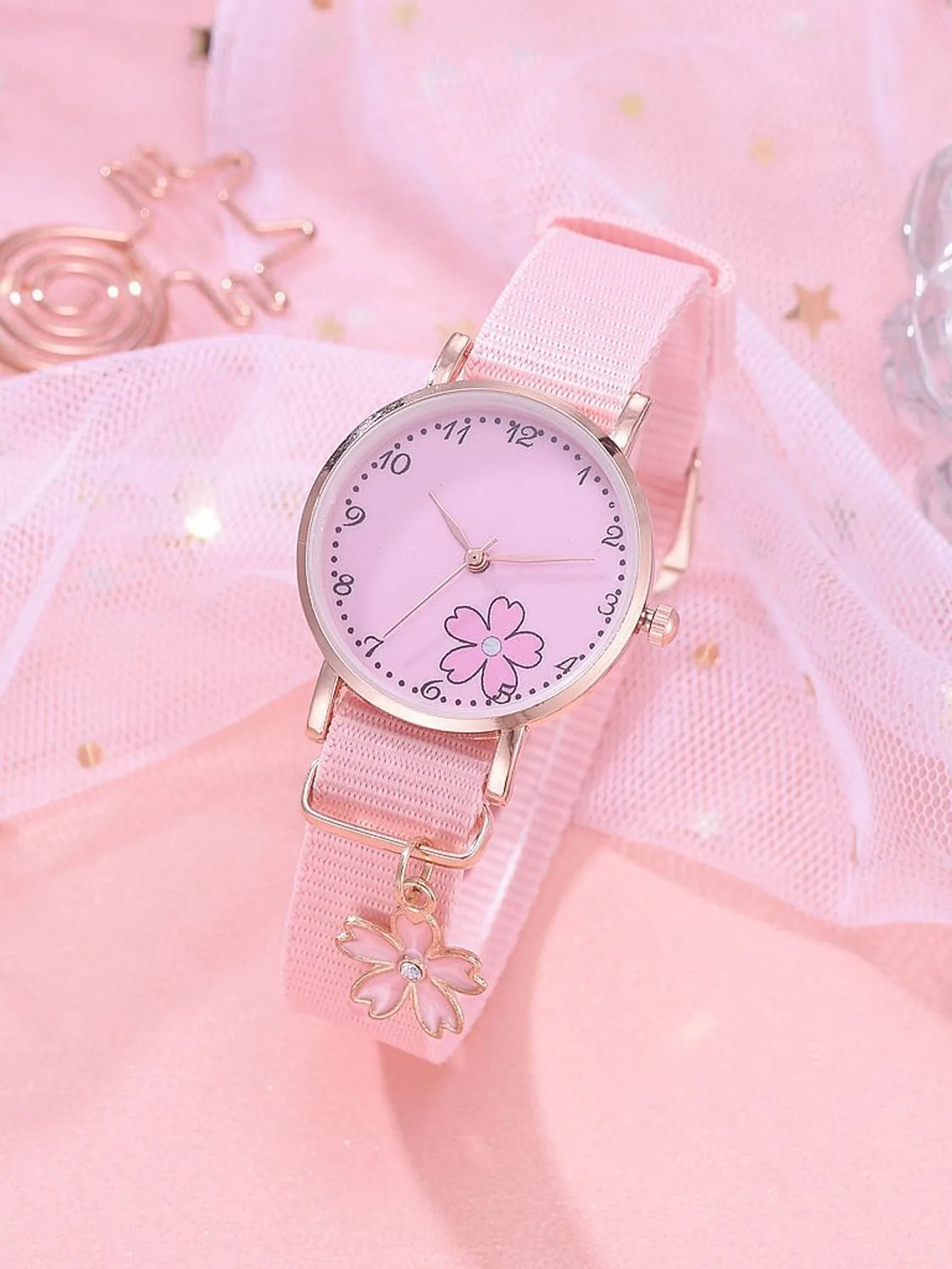 1pc Kids Canvas Strap Quartz Watch & 1pc Bracelet