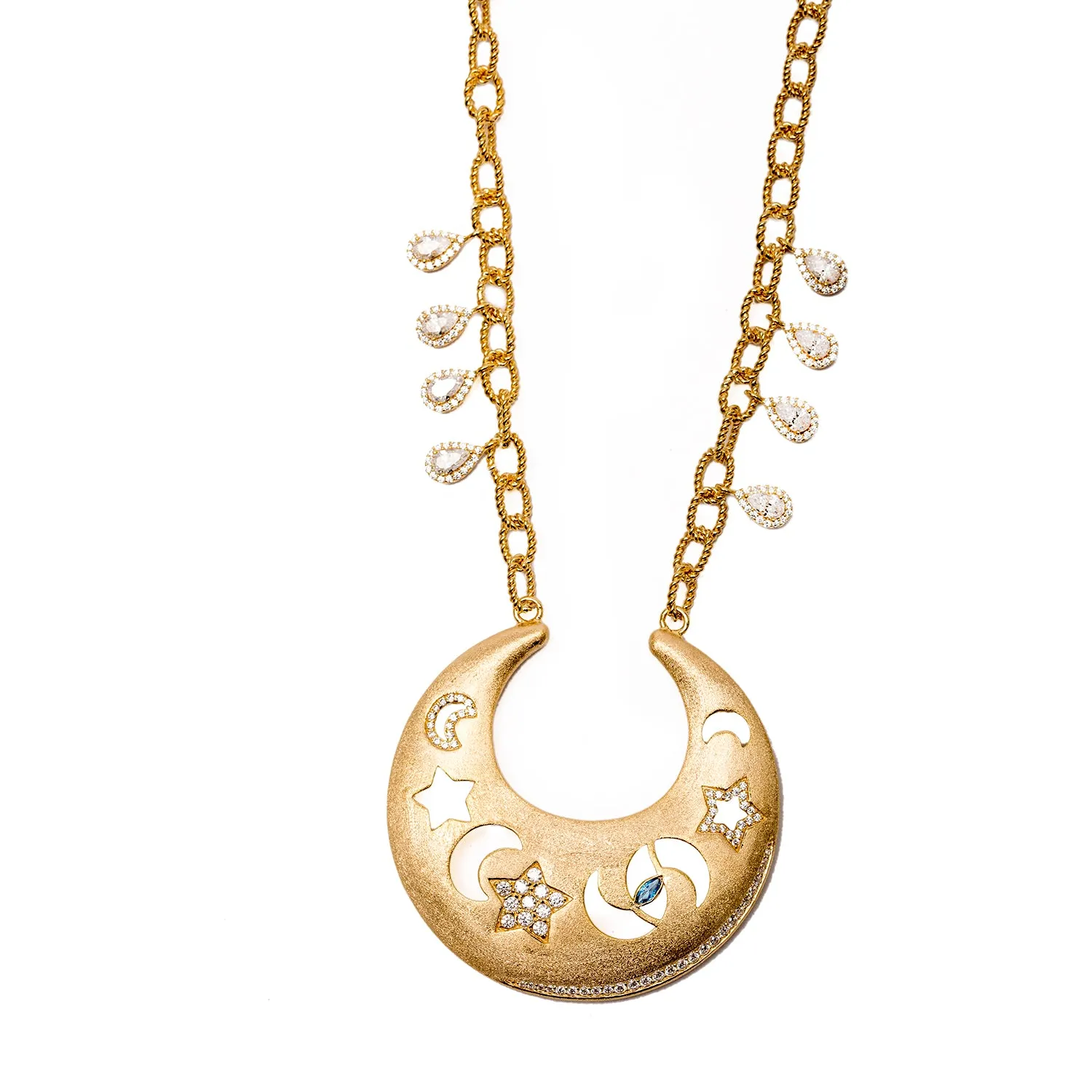 AMMANII Celestial Necklace with Moons, Stars and Protective Eye in Vermeil Gold