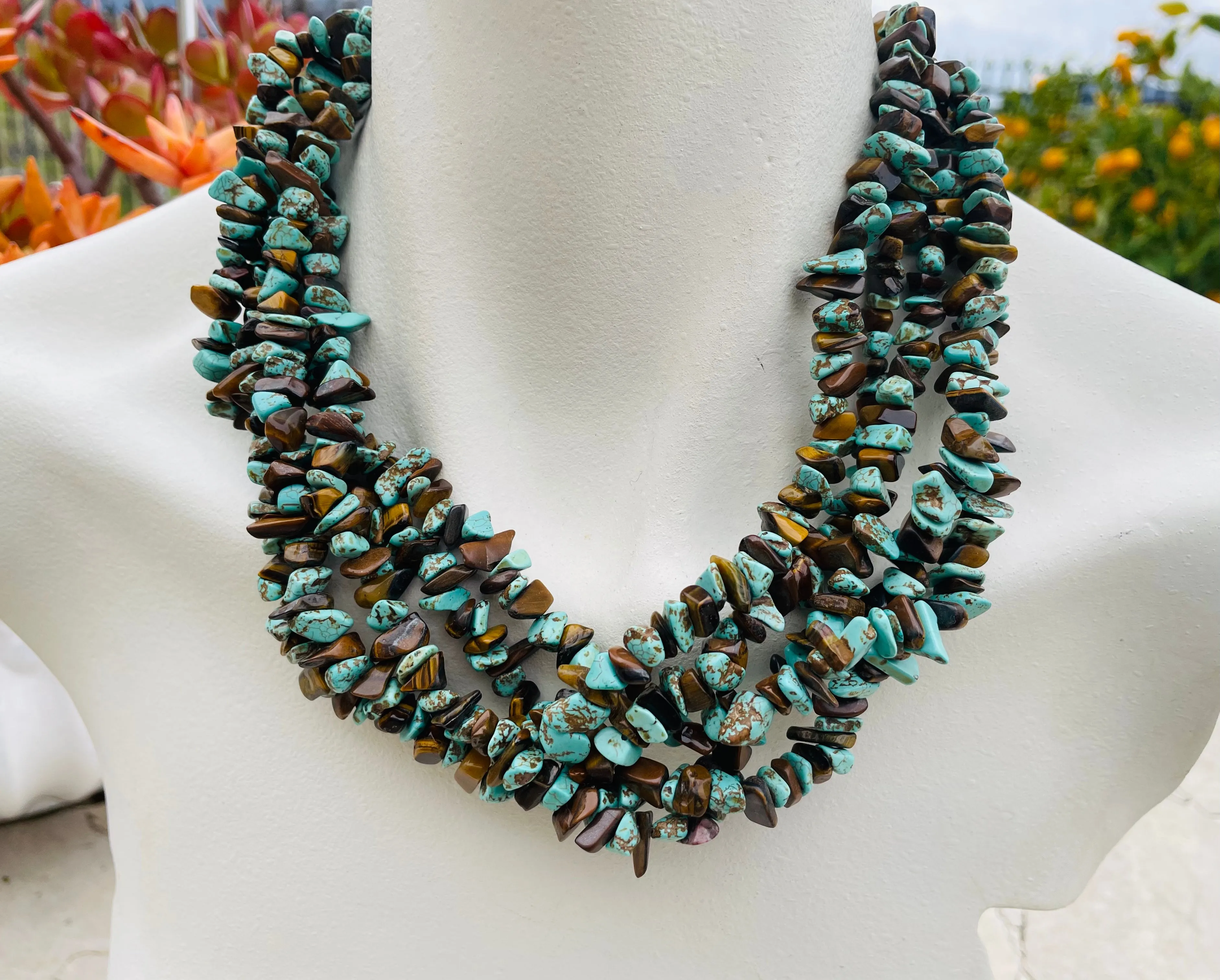 Artisan Tiger's Eye & Turquoise Chip Stone Layered Chunky Silver Tone Necklace