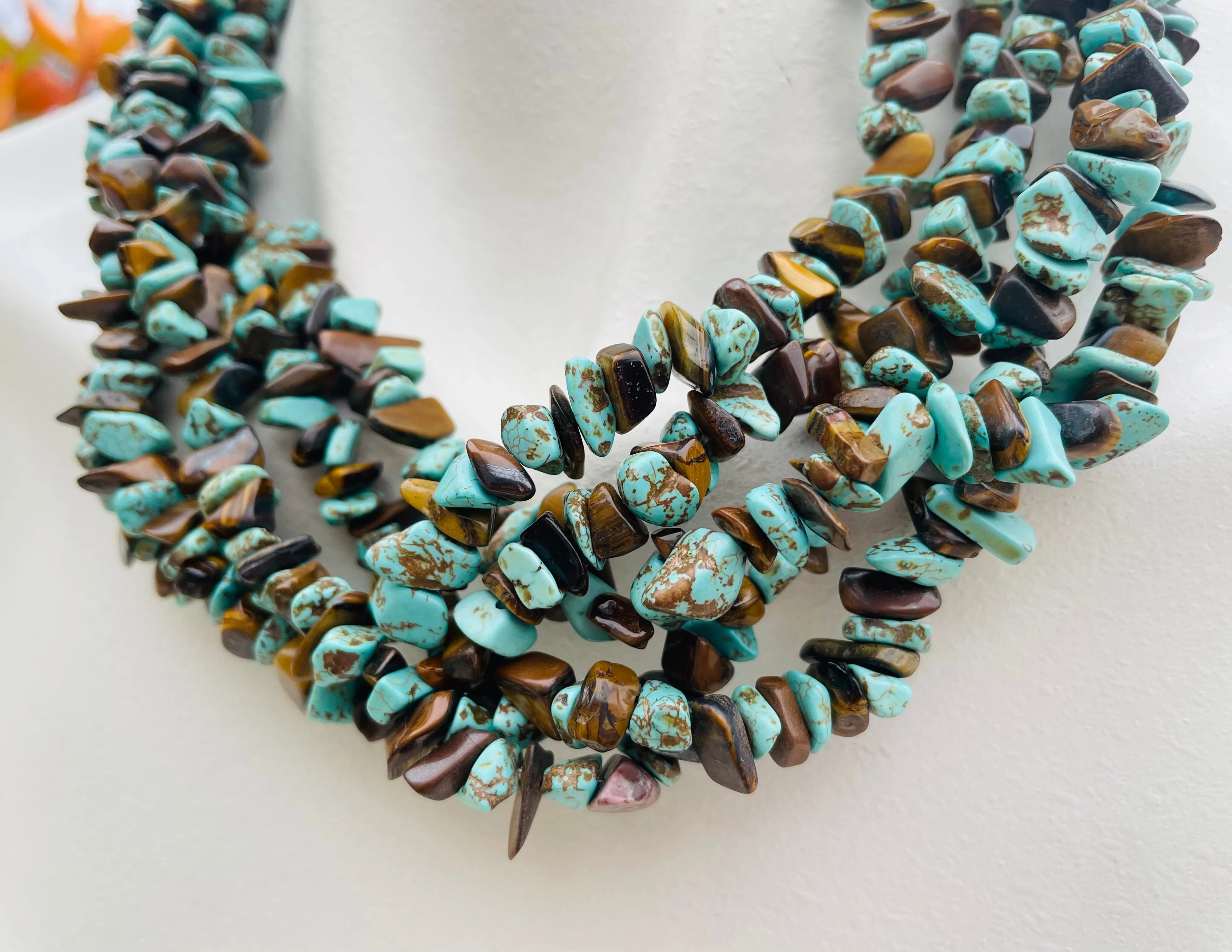 Artisan Tiger's Eye & Turquoise Chip Stone Layered Chunky Silver Tone Necklace