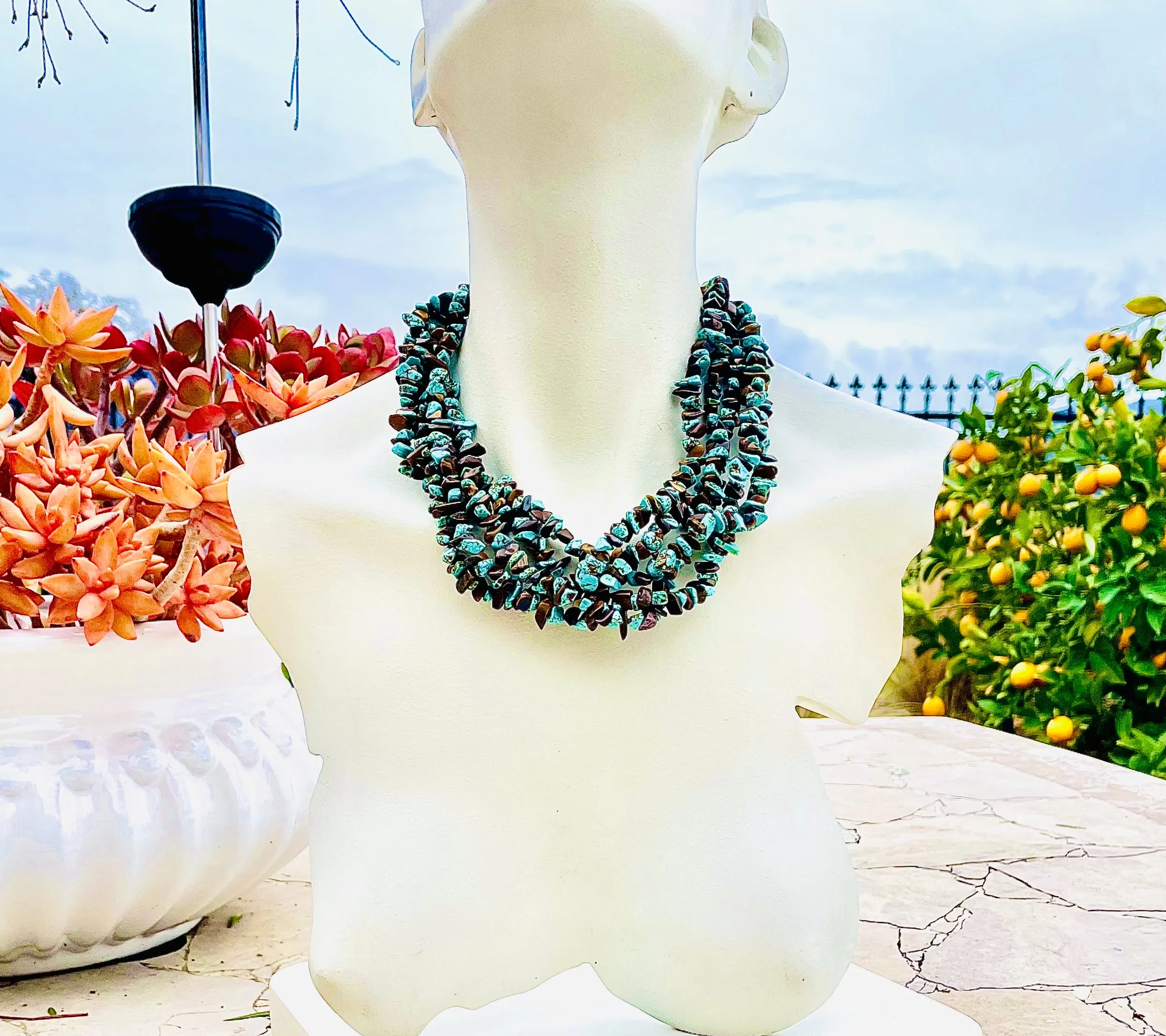 Artisan Tiger's Eye & Turquoise Chip Stone Layered Chunky Silver Tone Necklace