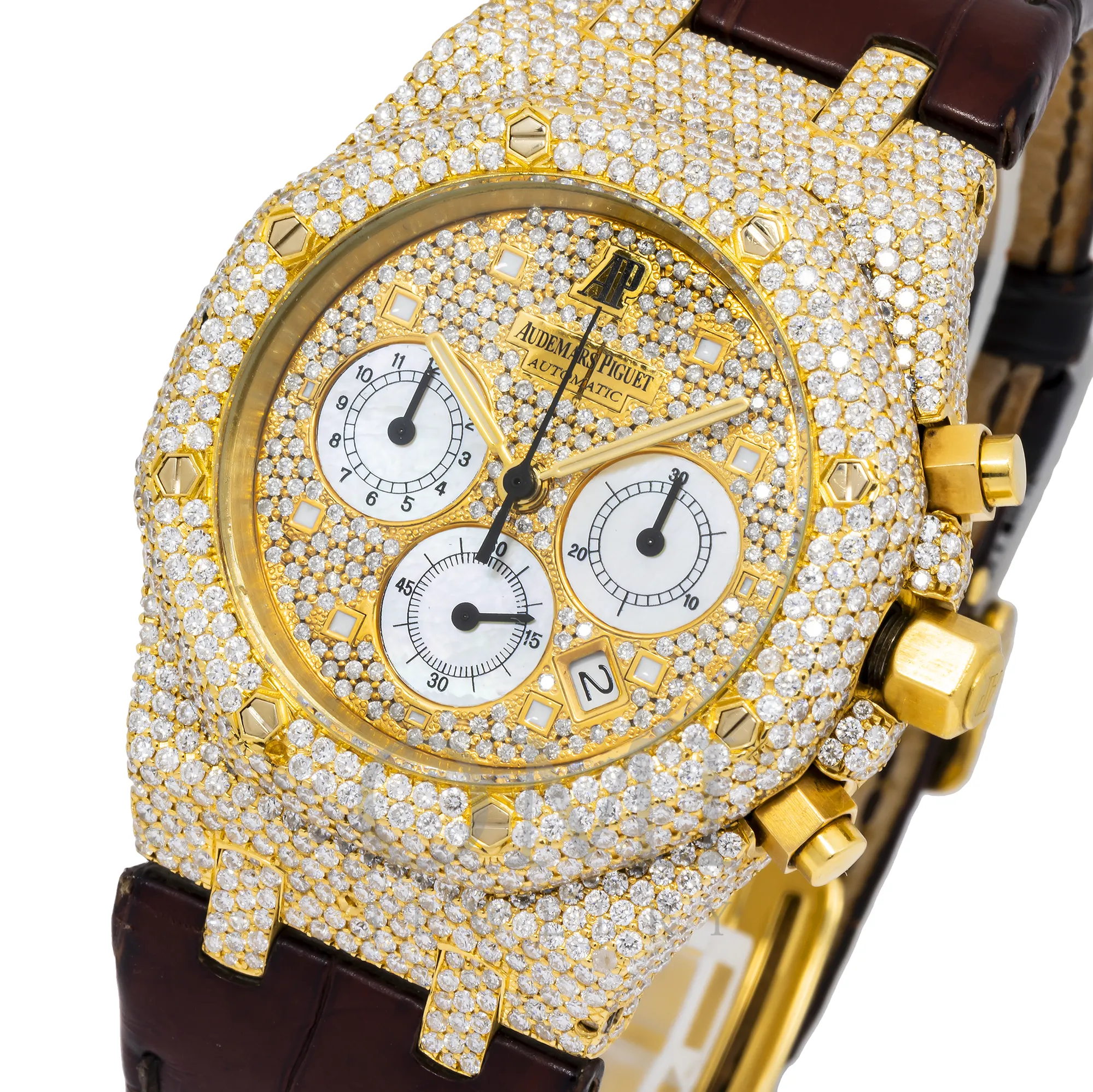 AUDEMARS PIGUET ROYAL OAK CHRONOGRAPH 26022BA 39MM SET WITH DIAMONDS - PAVE DIAL AND LEATHER BRACELET