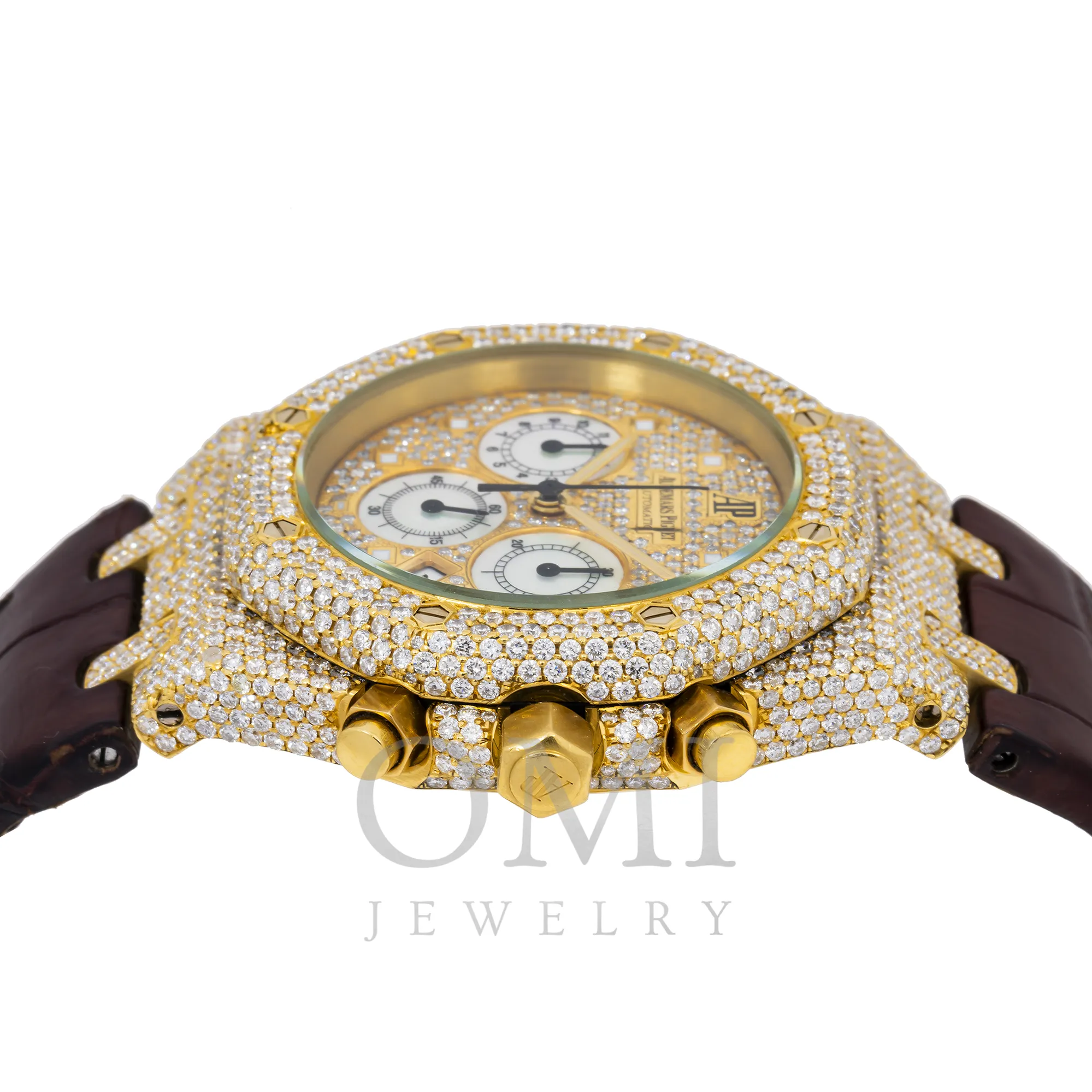 AUDEMARS PIGUET ROYAL OAK CHRONOGRAPH 26022BA 39MM SET WITH DIAMONDS - PAVE DIAL AND LEATHER BRACELET