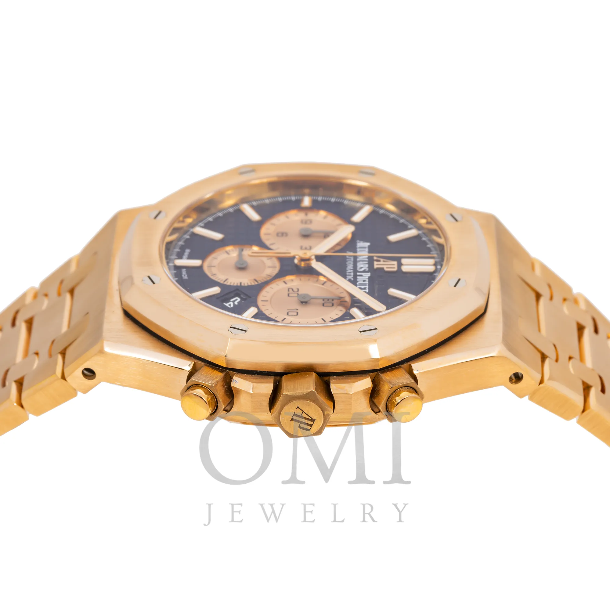 AUDEMARS PIGUET ROYAL OAK CHRONOGRAPH 26331OR 41MM BLACK DIAL WITH ROSE GOLD BRACELET.