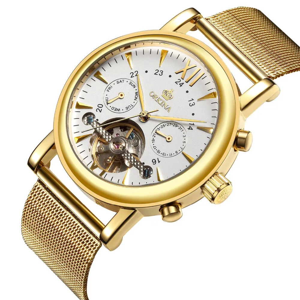 Brand Stainless Steel Mesh Strap Gold Men's Watches Mechanical