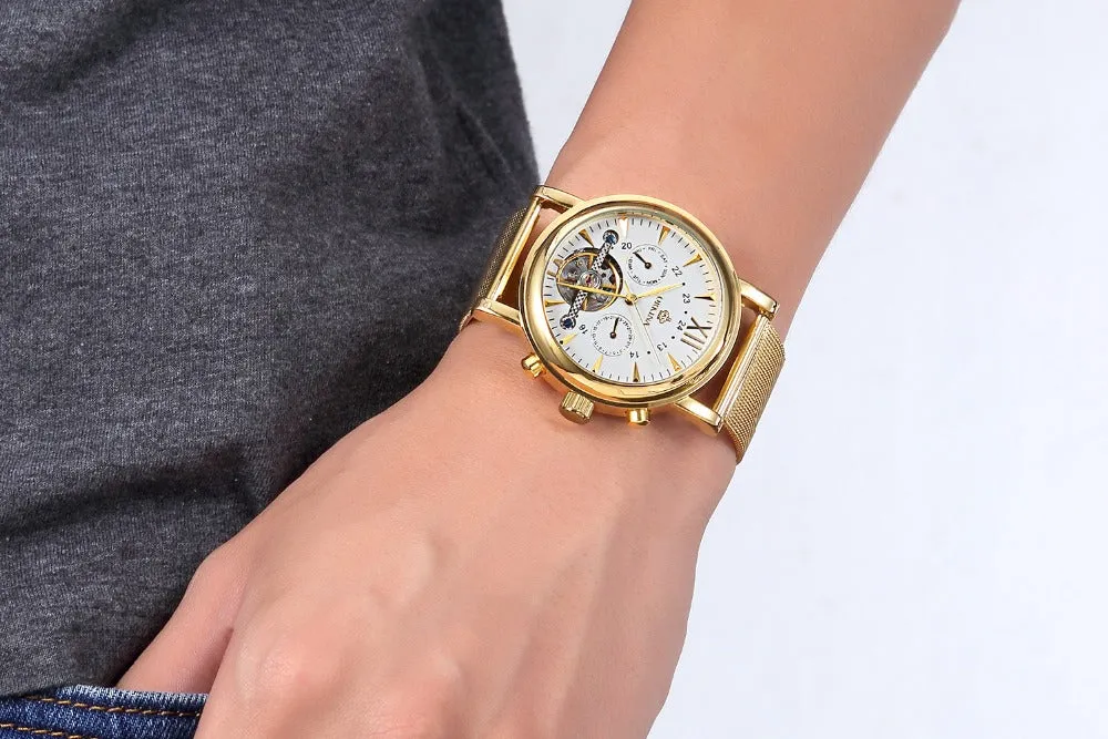 Brand Stainless Steel Mesh Strap Gold Men's Watches Mechanical