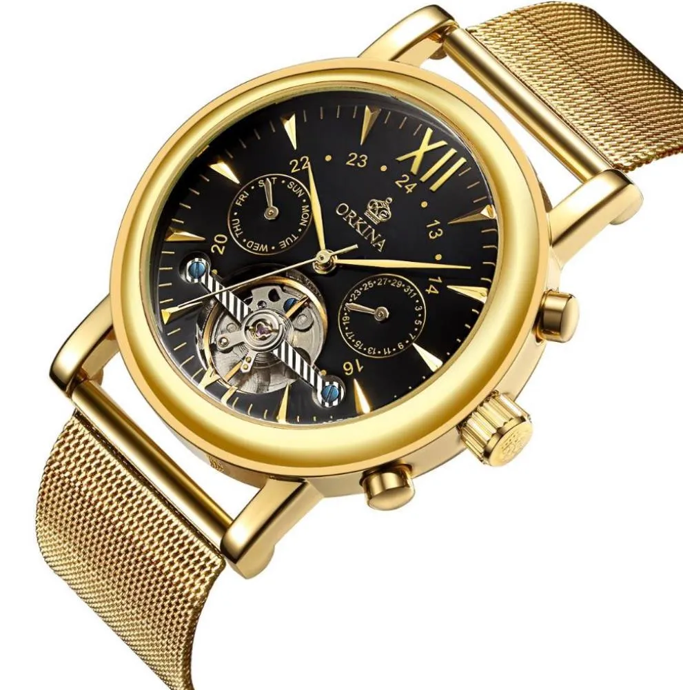 Brand Stainless Steel Mesh Strap Gold Men's Watches Mechanical