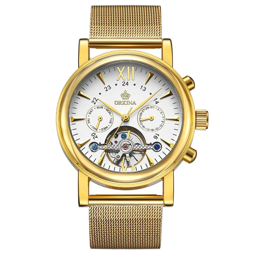 Brand Stainless Steel Mesh Strap Gold Men's Watches Mechanical