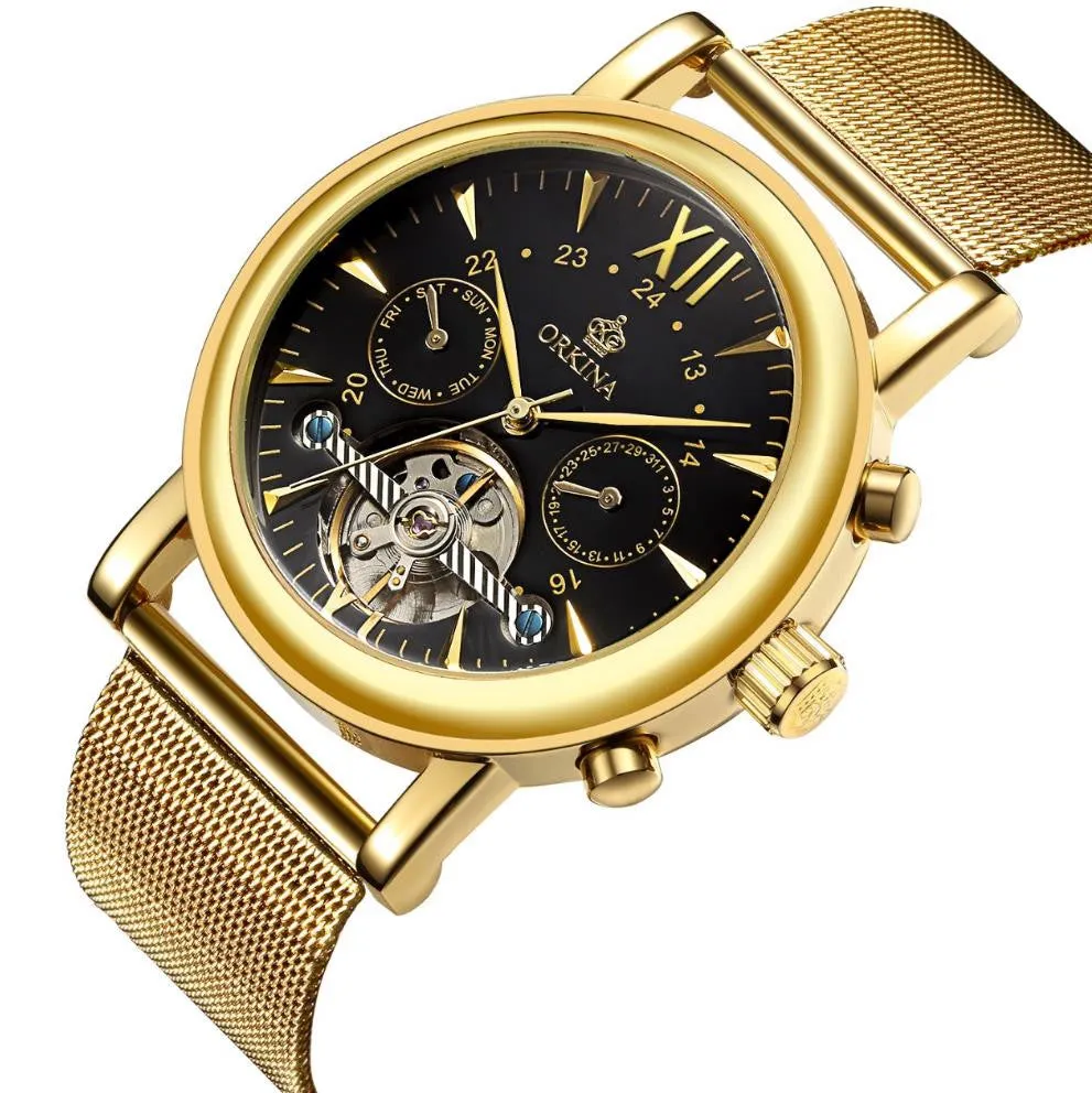 Brand Stainless Steel Mesh Strap Gold Men's Watches Mechanical