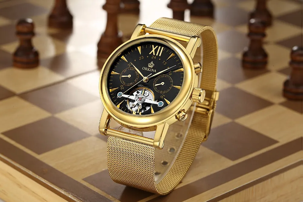 Brand Stainless Steel Mesh Strap Gold Men's Watches Mechanical