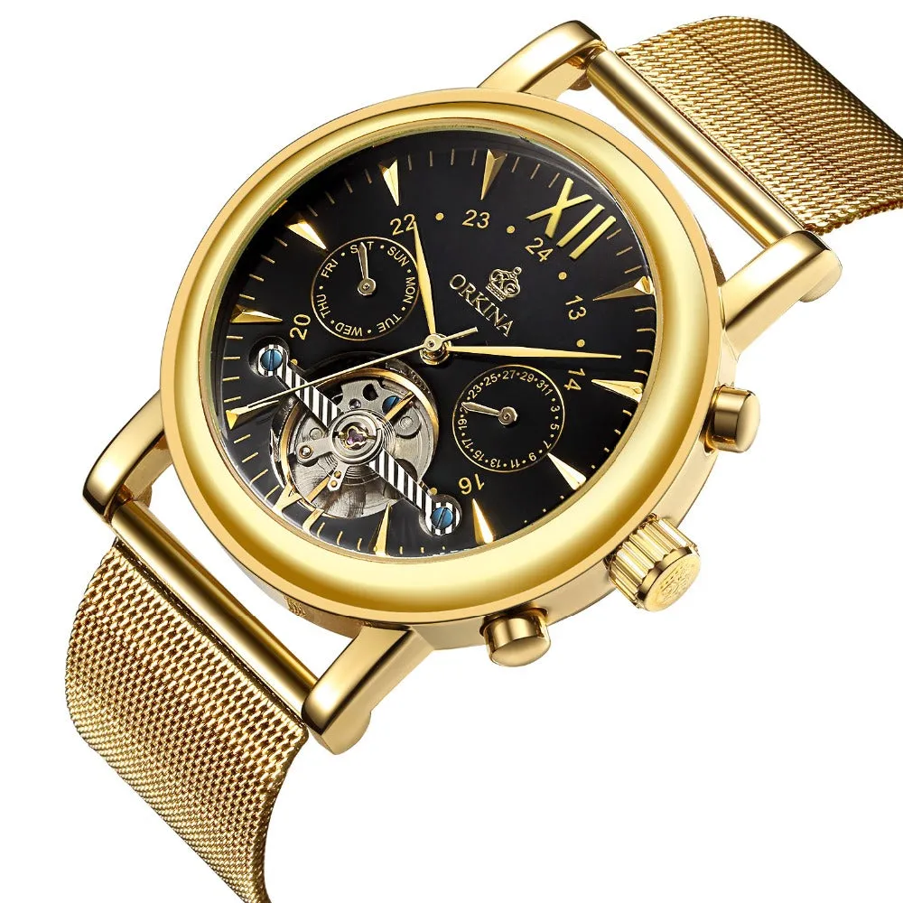 Brand Stainless Steel Mesh Strap Gold Men's Watches Mechanical