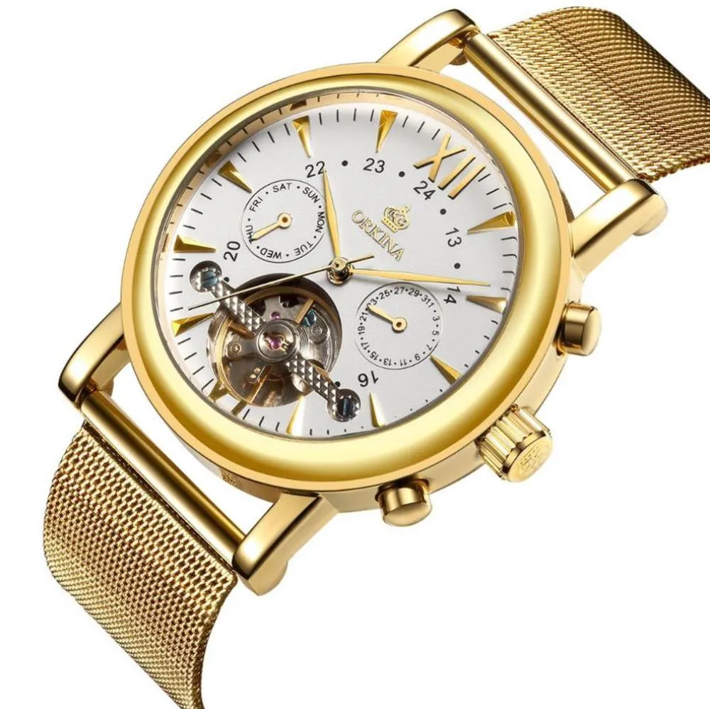 Brand Stainless Steel Mesh Strap Gold Men's Watches Mechanical