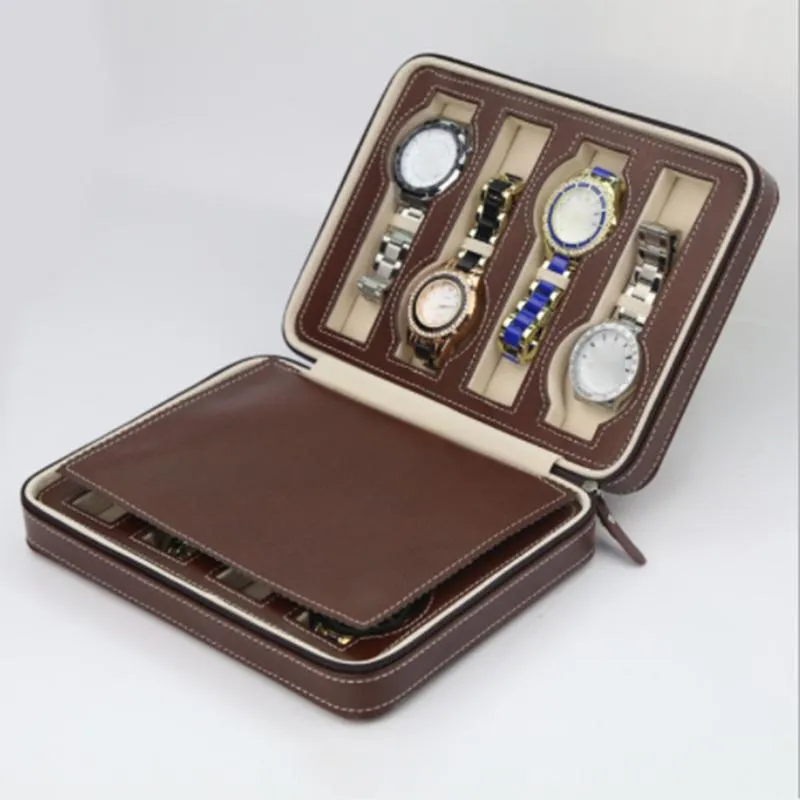 Brown Leather Watch Zippered Box Storage