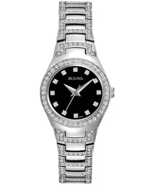 Bulova Crystal Ladies Dress Watch - Black Dial - Stainless Steel Case & Bracelet