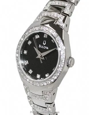 Bulova Crystal Ladies Dress Watch - Black Dial - Stainless Steel Case & Bracelet