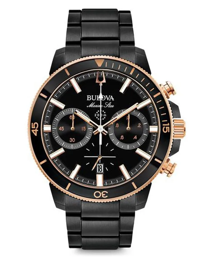 Bulova Mens Marine Star Chronograph - Black Metal & Rose Gold-Accents - 200M