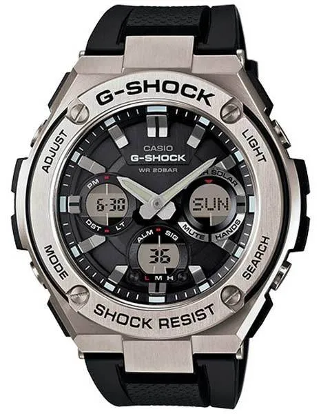 Casio Mens G-Shock G-Steel Solar Watch - Ana-Digi - Silver Accents - Black Strap