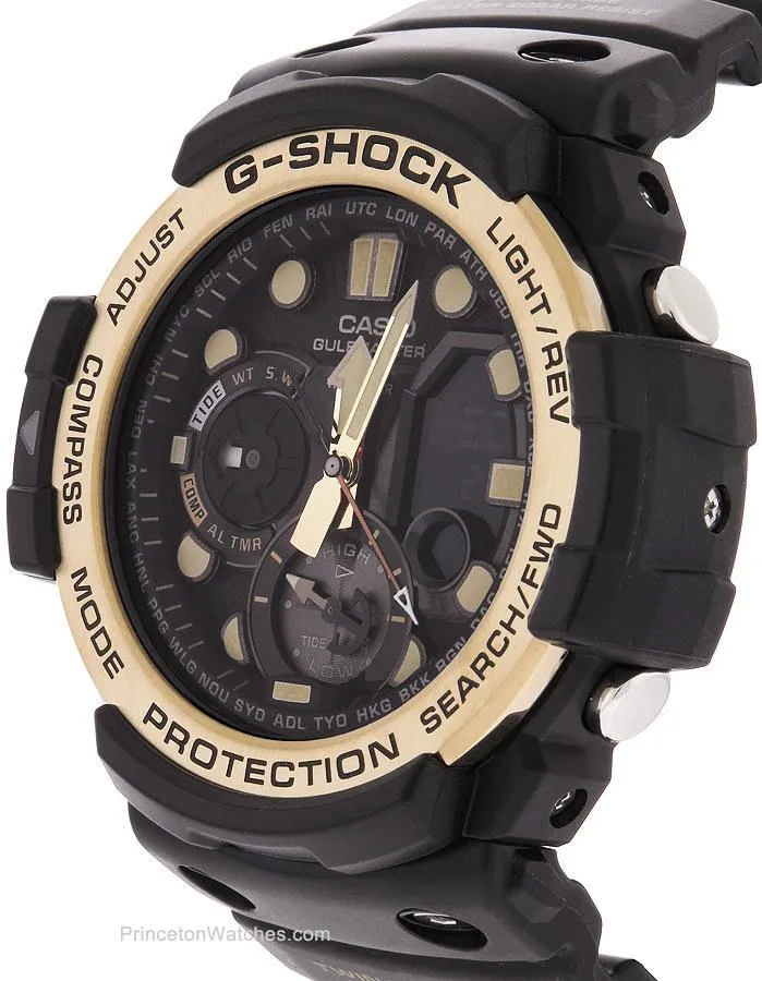 Casio Mens G-Shock Gulfmaster - Black & Gold-Tone - Digital Compass - Tide Graph