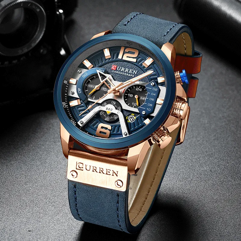 Casual Sport Watches for Men Blue Top Brand Leather Wrist Watch