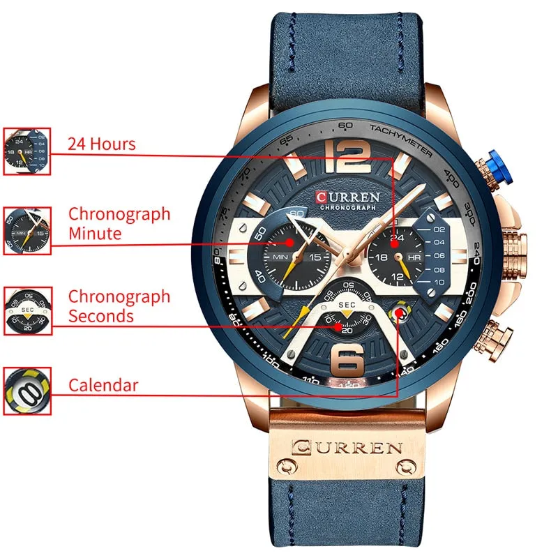 Casual Sport Watches for Men Blue Top Brand Leather Wrist Watch