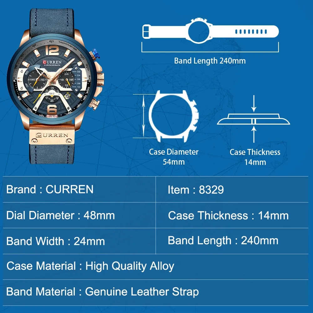 Casual Sport Watches for Men Blue Top Brand Leather Wrist Watch