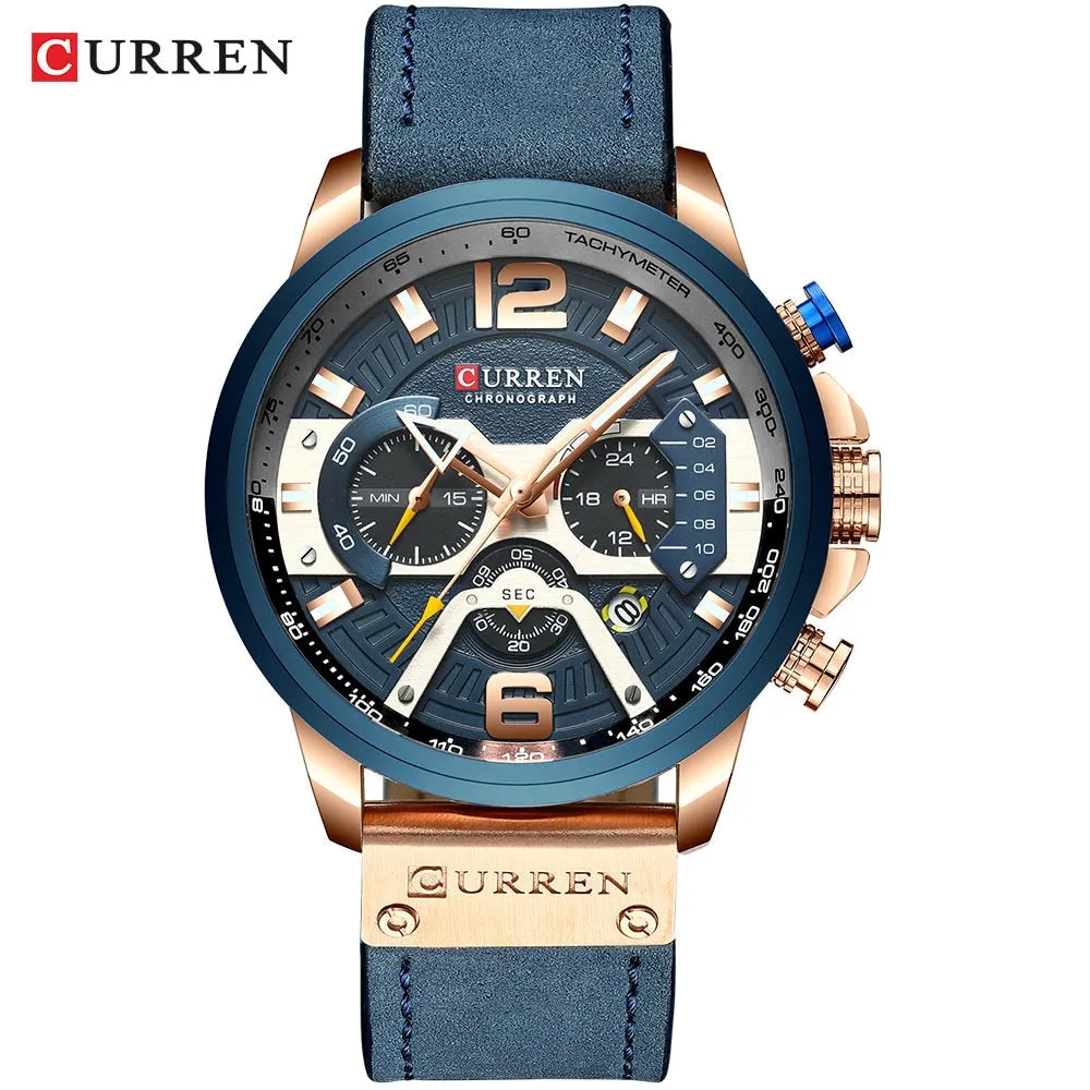 Casual Sport Watches for Men Blue Top Brand Leather Wrist Watch